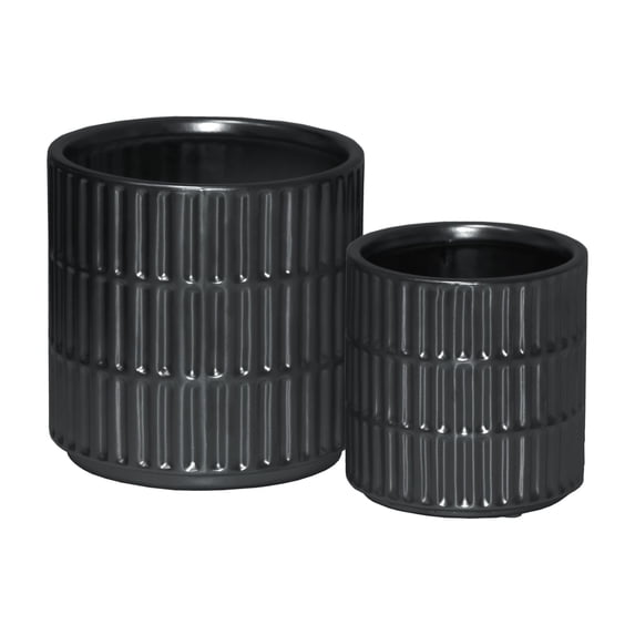 Ceramic Cylindrical Pot with Wide Mouth and Engraved Rectangle Design Body Set of Two Matte Finish Black