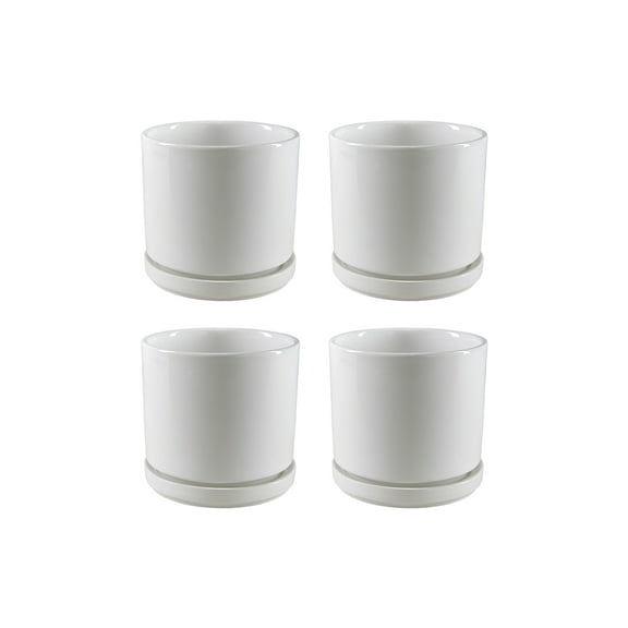 Ceramic Cylindrical White Planter with Saucer