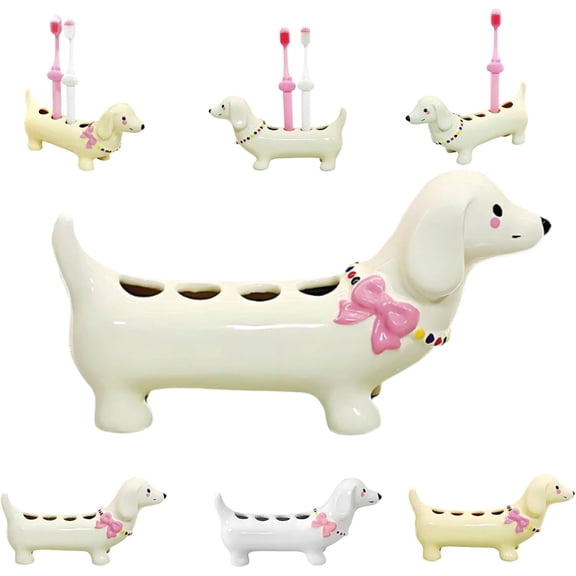 Ceramic Dachshund Toothbrush Holder, Cute Dog Shaped Electric Toothbrush Stand with 4 Compartments, Creative Bathroom Counter Organizer, White 6.7 x 4.3 Inch