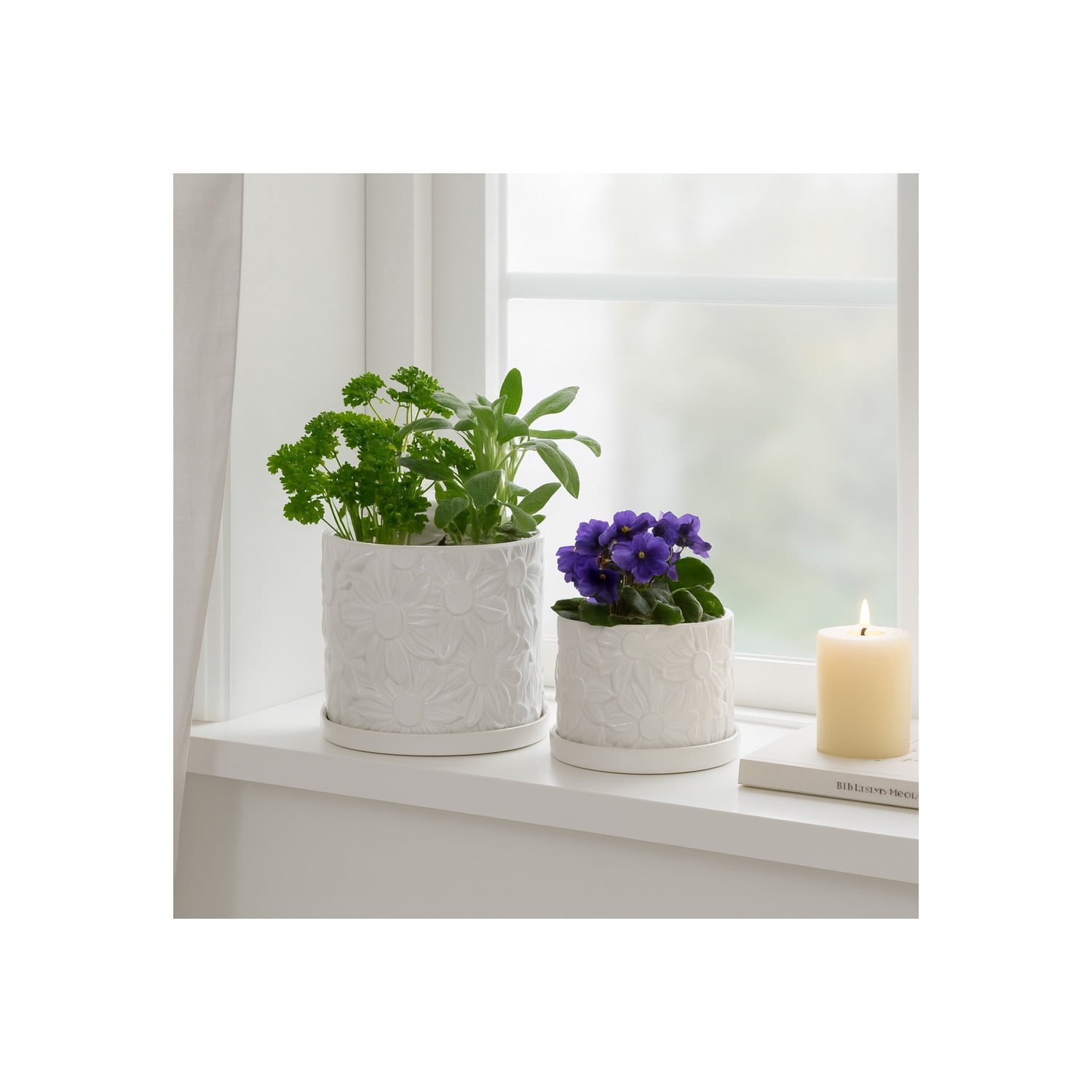 Ceramic Daisy Flower Pot Planter with Saucer for Home Decor - Decorative Plant Pots for Indoor and Outdoor Spaces - Garden Accent for Living Room, Patio, or Backyard - Set of 2, 7", 5", White