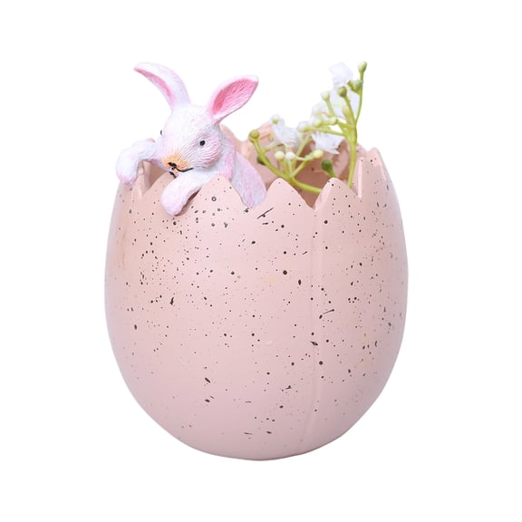 Ceramic Decorative Egg Shell Planter with Rabbit Figurine and Flower Holder for Home Tabletop Display