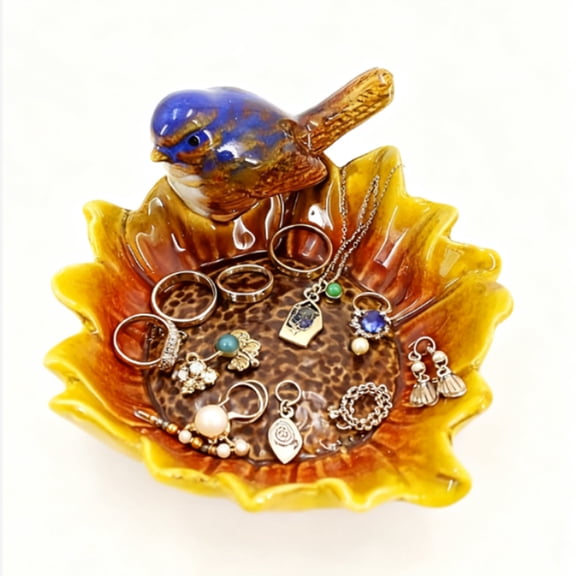 Ceramic Decorative Tray, Bird Sunflower Jewelry Dish, Ring Holder, Small Trinket Tray for Home Organization, Washable Key Bowl, Bedroom/Living Room Decor, Creative Gift for Women