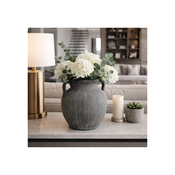 Textured Handled Jug Vase for Living Room Decor - Modern Home Display Accent with Ribbed Surface in Any Room - Sculptural Flower Vase for Bedroom, House, Office, and Table Styling - 10", Black