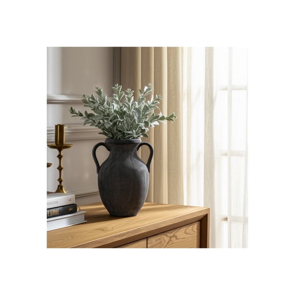 Ceramic Decorative Vase - Textured Dolomite Rustic Amphora Design - Home Decor for Living Room, Bedroom, Office - 12" Black