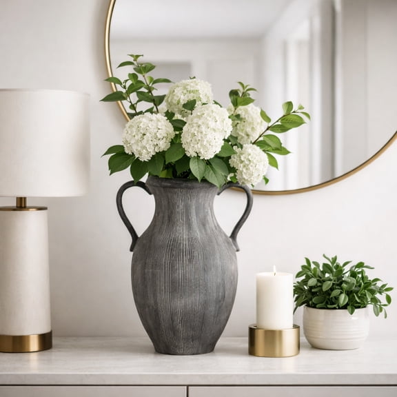 Textured Handled Jug Vase for Living Room Decor - Modern Home Accecnt for Bedroom, Console Table, and Office Styling - Sculptural Ceramic Flower Vase for House Display - 15", Black