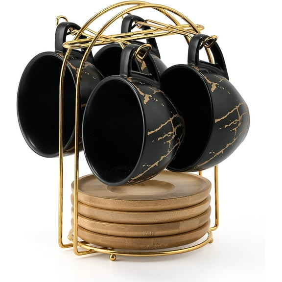 Ceramic Demitasse Coffee Cup Set with Saucer and Metal Stand, 8oz Porcelain Stackable Cappuccino Cups Tea Cups for Tea, Espresso, Latte, Coffee, Mocha, Set of 4