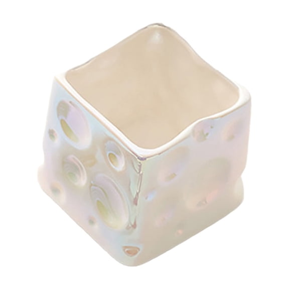 Ceramic Desk Organizer, Cheese Shaped Storage Jar for Pens, Makeup Brushes, Small Accessories, Desktop Cosmetic Container for Home Office or Dresser Countertop