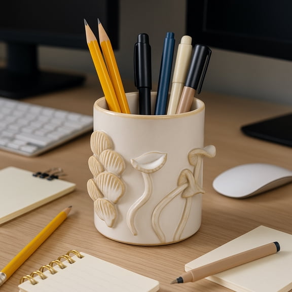 Ceramic Desk Organizer with Mushroom Design for Workspace Decor - Stylish Small Desktop Decor for Office Accessory - Versatile Desk Stationery Storage Holder for Kitchen or Bedroom - 4", Ivory