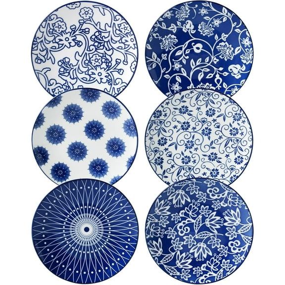 Ceramic Dessert Plates Set - 6 Inch Small Appetizer Plates for Kitchen - Salad Plate for Snacks Side Dish Cake, Gift, Microwave Dishwasher Safe, Vintage Blue