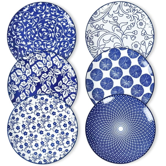 Ceramic Dessert Plates Set of 6, 6 Inch Appetizer Plates for Kitchen, Microwave & Dishwasher Safe, Vintage Blue