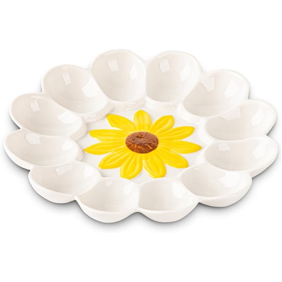 Ceramic Deviled Egg Platter 12 Slots Sunflower White Petal Serving Tray | 12-slot ceramic deviled egg platter featuring a white petal border design and a vibrant 3D sunflower center.