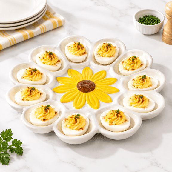 Ceramic Deviled Egg Platter, 12 Slots Sunflower White Petal Serving Tray