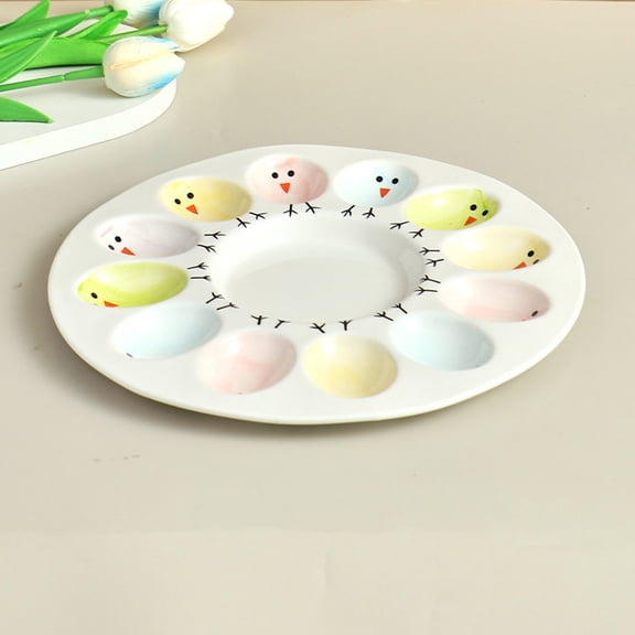 Ceramic Deviled Egg Platter Holder, Deviled Egg Platter Tray, Ceramic Hen Modelling 8-12 Cup Egg Dish, Easter Egg Tray, Deviled Egg Plate for Kitchen Refrigerator Countertop Display, 1 Pcs