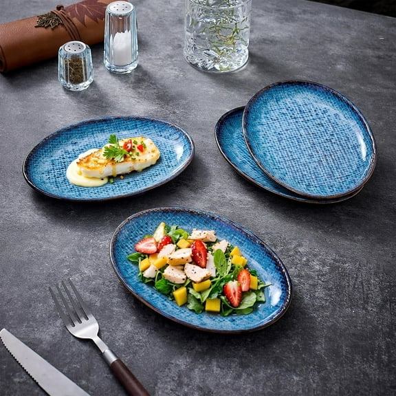 Ceramic Dinner Plates Set of 4, 8 Inch Porcelain Pasta and Salad Plates, Stoneware Plate Set for 4, Handmade Oval Dishes for Home Decor, Microwave,Oven,and Dishwasher Safe, Blue