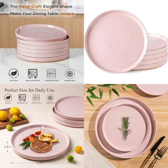 Ceramic Dinner Plates Set of 6 10.25 Inch Stoneware Plates for Kitchen Modern Flat Dinnerware Dishes Set Microwave Dishwasher Safe Scratch Resistant-Pink