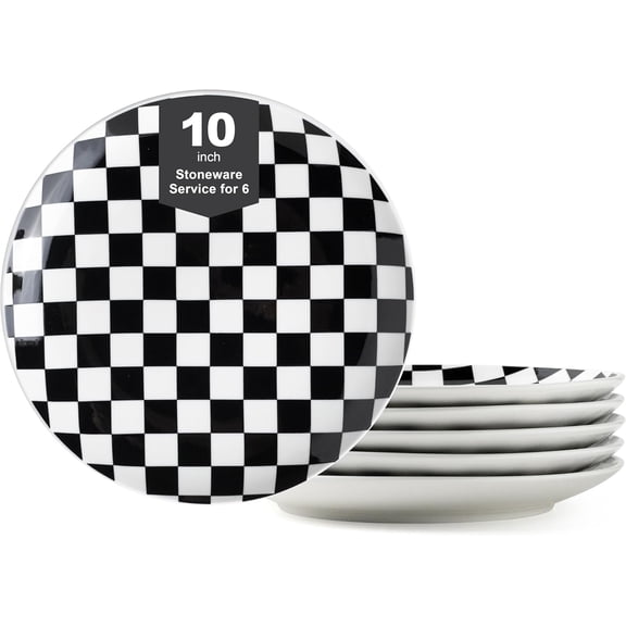 Ceramic Dinner Plates Set of 6-10 Inch Salad Plates, Black and White Checkered Porcelain Dinner Plates Microwave, Oven & Dishwasher Safe, Minimalist Porcelain Dish Set