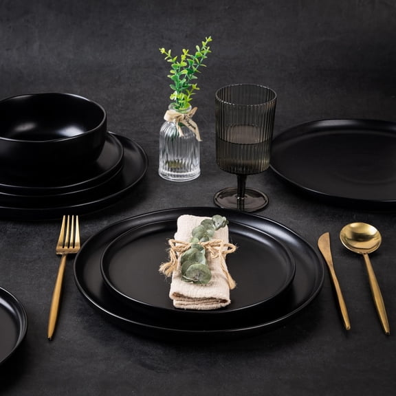 Ceramic Dinner Plates Set of 6, Wavy Rim Stoneware Dish Set, Dinnerware Plates for Kitchen-Microwave&Dishwasher Safe, Scratch Resistant-Reactive Glaze Matte Black