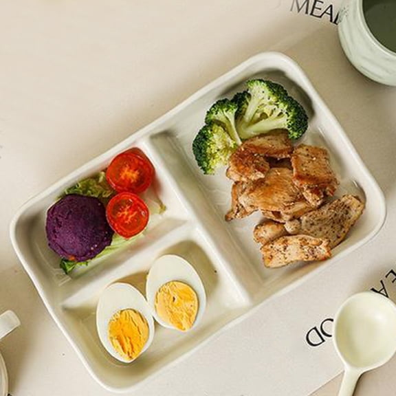 Ceramic Dinner Plates Set 9.64x6.1in White Compartment Plates Microwave Safe Snack Plates Portion Control Dish | Restaurant Grade