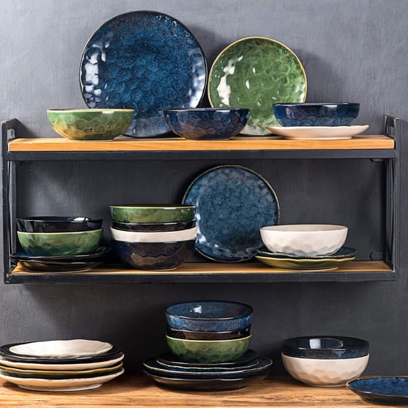 Ceramic Dinner Plates Set, Set of 6, Round, Microwave, Oven, Dishwasher Safe, Porcelain Fluted Suitable for Steak, Pasta, Pizza, Home, Party, Restaurant (Blue)