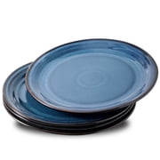 10 Inch Blue Dinner Plates Set of 4, Stoneware Plates with Black Rim, Durable Round Dishes for Home Kitchen, Microwave & Dishwasher Safe