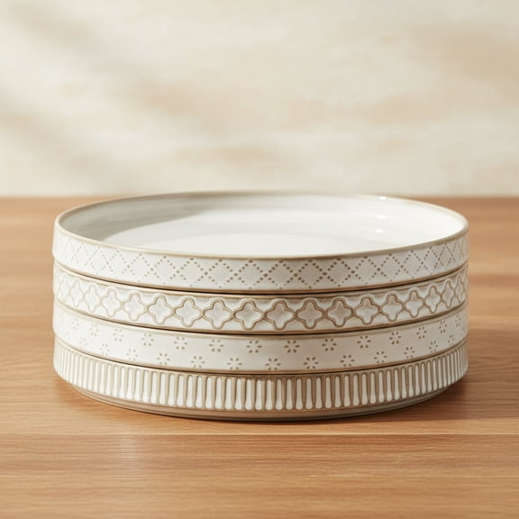 Ceramic Dinner Plates, Set of 4, Microwave & Dishwasher Safe, Salad Pasta Deep Plates with Embossments