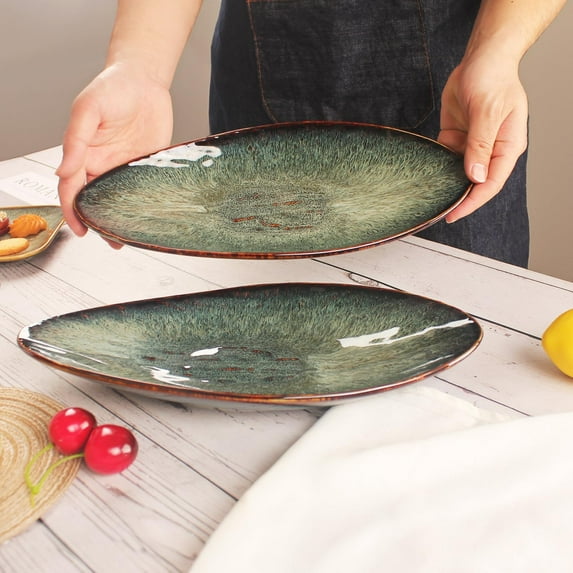 Ceramic Dinner Plates Set of 4, Microwave Oven Dishwasher Safe Black Reactive Glaze