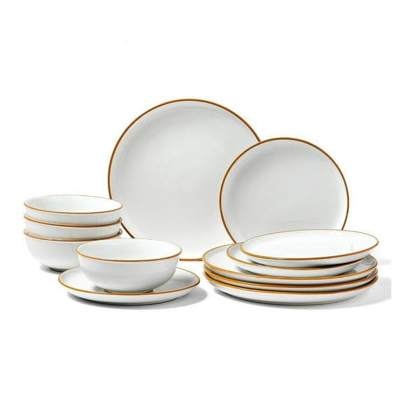Ceramic Dinnerware Set 12 Piece - White Plates and Bowls Set for 4, Microwave & Dishwasher Safe