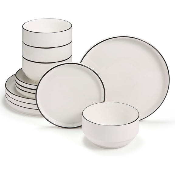 Ceramic Dinnerware Set, 12- Service for 4, Round, Microwave Dishwasher Safe, Cambridge Classics ()
