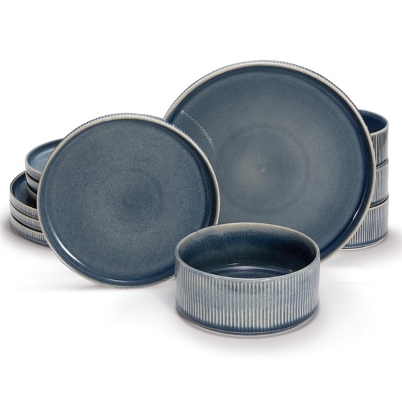 Ceramic Dinnerware Set  By 12-piece Service For 4 9.8" Dinner Plates 8" Salad 20 Oz Ombre Reactive Glaze Durable Stoneware Microwave & Dishwasher (denim)