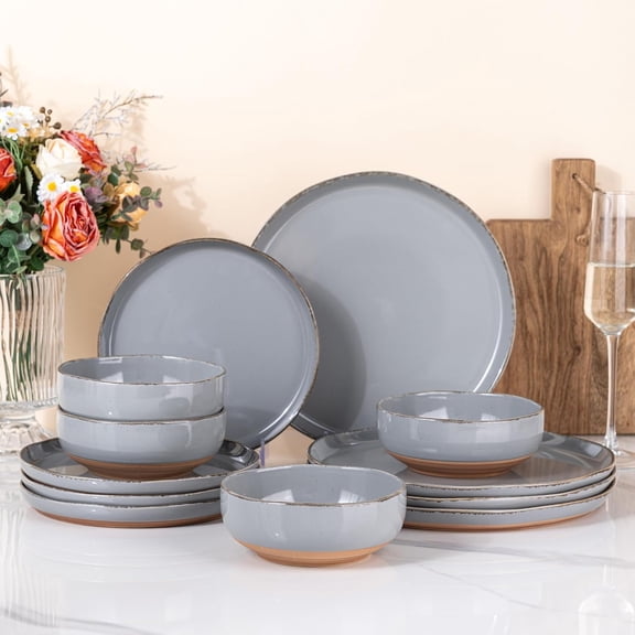 Ceramic Dinnerware Set for 4 12-Piece Handpainted Plates and Bowls Rustic Terracotta Underside Scratch Resistant Stoneware Dishwasher and Microwave Safe Limestone