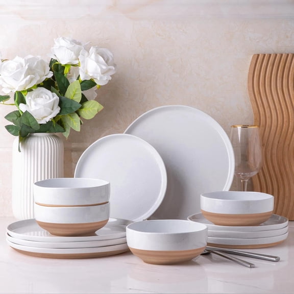Ceramic Dinnerware Set for 4, 12-Piece Handpainted Plates and Bowls, Rustic Terracotta Underside, Scratch Resistant Stoneware, Dishwasher and Microwave Safe, White