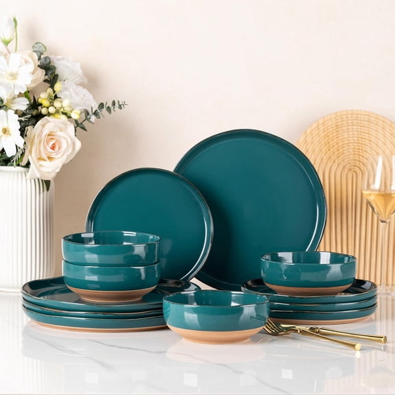 Ceramic Dinnerware Set for 4, 12-Piece Handpainted Plates and Bowls with Rustic Terracotta Underside, Scratch Resistant Stoneware, Dishwasher and Microwave Safe