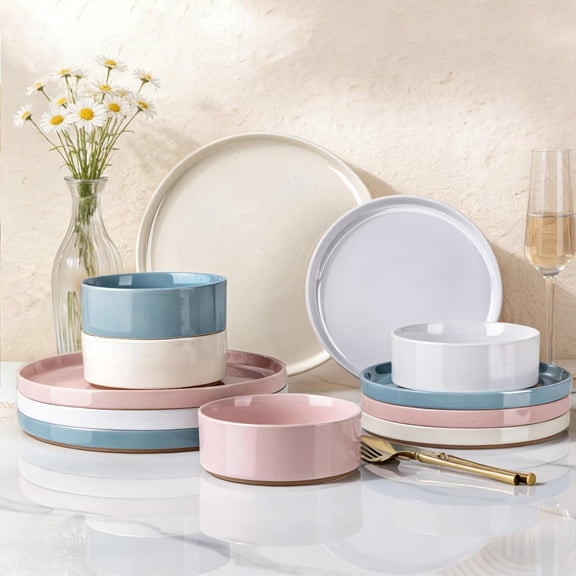 Ceramic Dinnerware Set for 4 12-Piece Handpainted Stoneware Plates and Bowls Rustic Unglazed Terracotta Scratch Resistant Dishwasher and Microwave Safe Modern Colorful