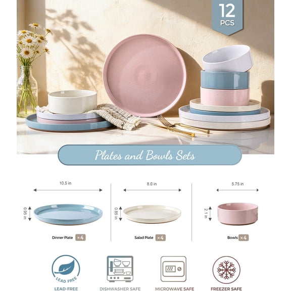 Ceramic Dinnerware Set for 4 | Handpainted Stoneware Plates and Bowls with Rustic Unglazed Terracotta | Scratch Resistant, Dishwasher & Microwave Safe Dishes Sets- 12-Pcs Colorful