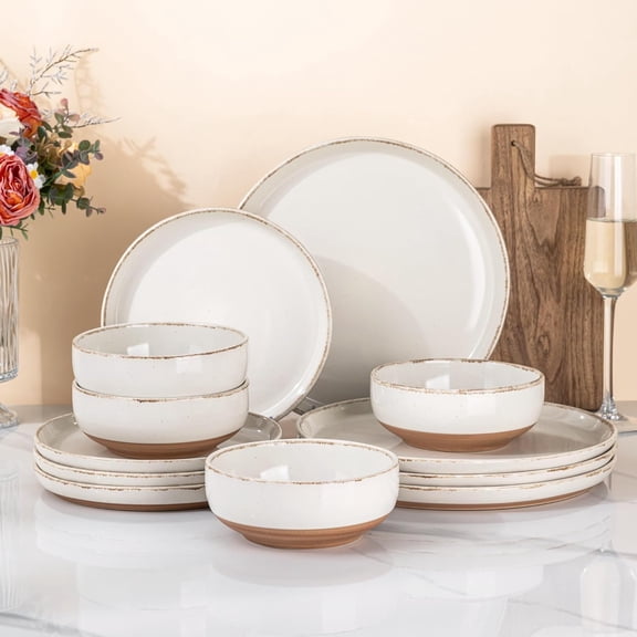 Ceramic Dinnerware Set for 4 People 12 Pieces Handpainted Plates and Bowls Rustic Terracotta Underside Scratch Resistant Stoneware Dishwasher and Microwave Safe Light Beige