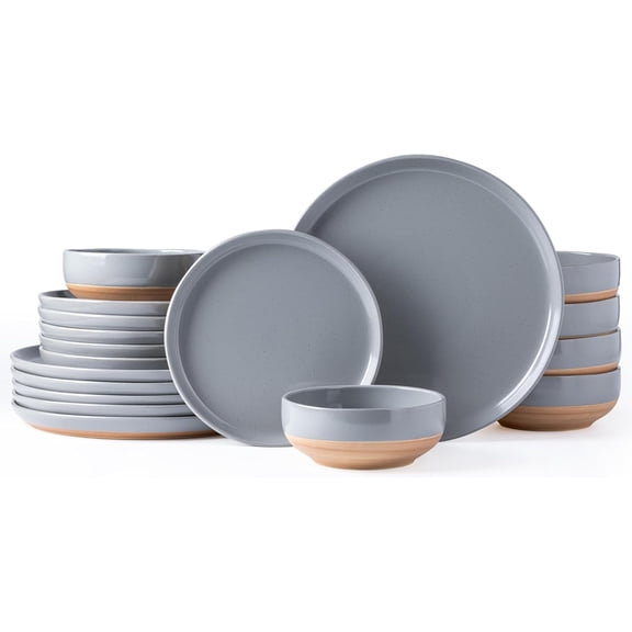 Ceramic Dinnerware Set for 6 People 18-Piece Handpainted Stoneware Plates and Bowls Rustic Terracotta Underside Dishwasher and Microwave Safe Gray Limestone