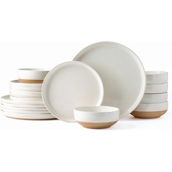 Ceramic Dinnerware Set for 6 People 18 Pieces Handpainted Plates and Bowls Rustic Terracotta Underside Scratch Resistant Stoneware Dishwasher and Microwave Safe Light Beige