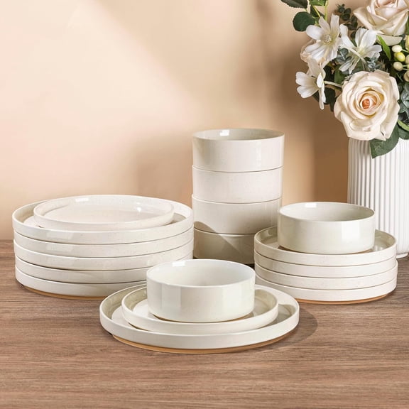 Ceramic Dinnerware Set for 8 | Speckled Stoneware Plates and Bowls with Rustic Terracotta Underside| Scratch Resistant,Dishwasher & Microwave Safe Dishes Sets- 24 count