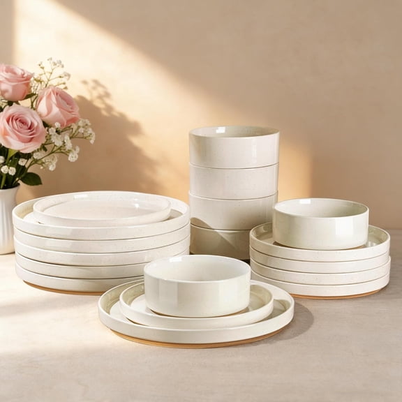 Ceramic Dinnerware Set for 8 | Speckled Stoneware Plates and Bowls with Rustic Terracotta Underside| Scratch Resistant,Dishwasher & Microwave Safe Dishes Sets- 24pcs