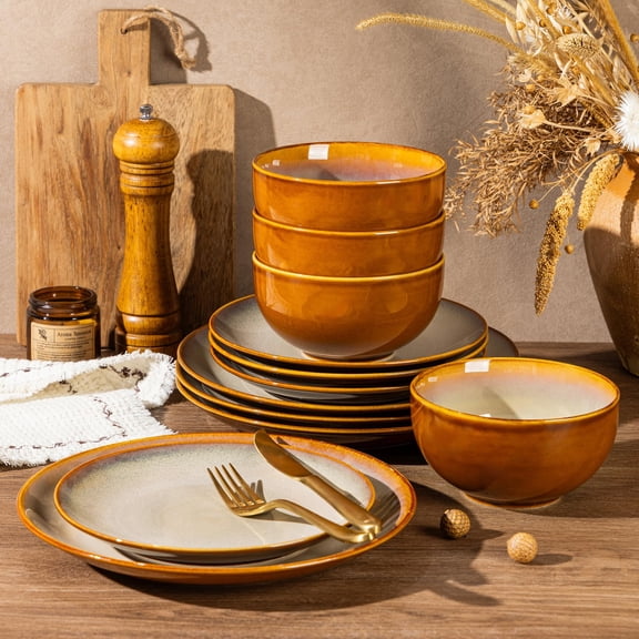 Ceramic Dinnerware Set Dreamy Moonlight-Kahki Service for 4-12pcs