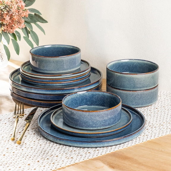 Ceramic Dinnerware Set Handmade Reactive Glaze Stoneware Plates and Bowls Dishwasher and Microwave Safe Service for 4 12 Piece Ceylon Blue