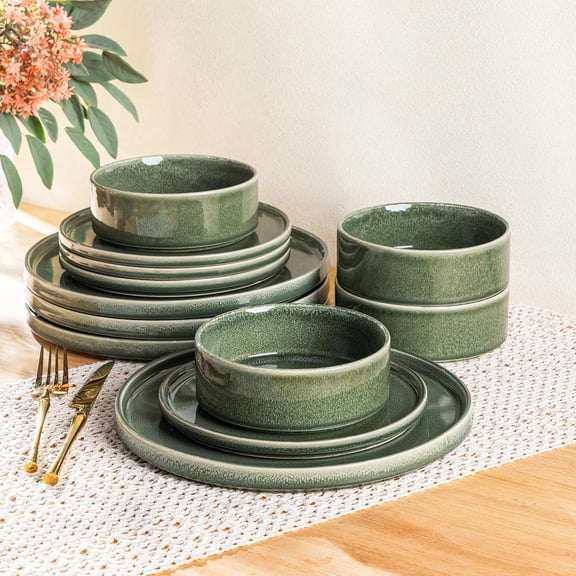 Ceramic Dinnerware Set Handmade Reactive Glaze Stoneware Plates and Bowls Dishwasher and Microwave Safe Service for 4 12 Piece Jade Green