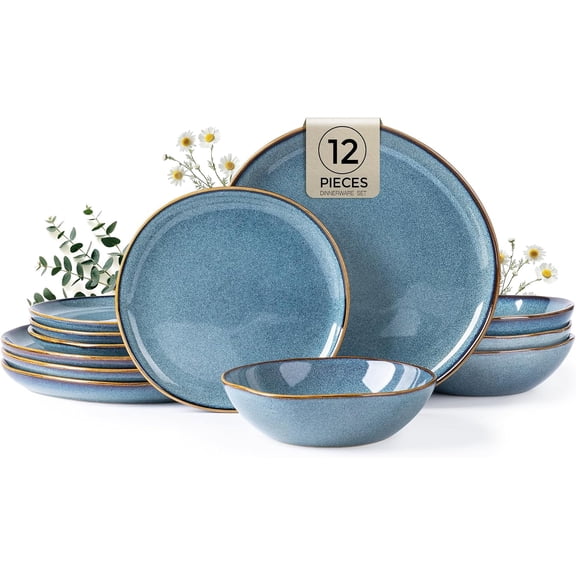 Ceramic Dinnerware Set Handmade Reactive Glaze Stoneware Plates and Bowls Dishwasher and Microwave Safe Service for 4 (12 Piece) Mediterranean Blue