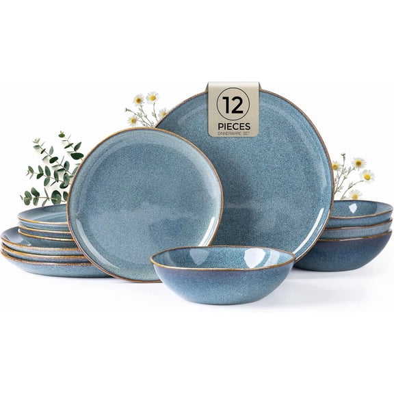 Ceramic Dinnerware Set Handmade Reactive Glaze Stoneware Plates and Bowls Dishwasher and Microwave Safe Service for 4 12 Piece Sky Blue
