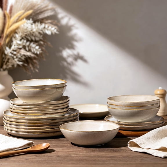 Ceramic Dinnerware Set Handmade Reactive Glaze Stoneware Plates and Bowls Dishwasher and Microwave Safe Service for 4 12 Piece Wheat