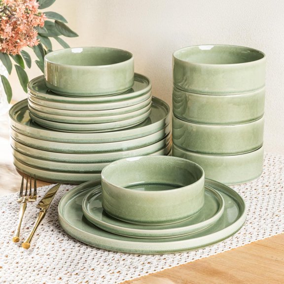Ceramic Dinnerware Set Handmade Reactive Glaze Stoneware Plates and Bowls Dishwasher and Microwave Safe Service for 6 18 Piece Oliver Green