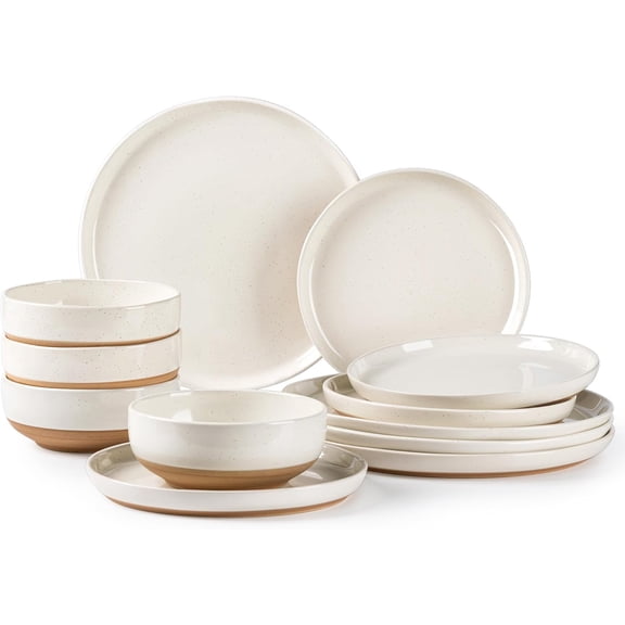 Ceramic Dinnerware Set Handpainted Plates and Bowls Rustic Terracotta Underside Scratch Resistant Stoneware Dishwasher and Microwave Safe Light Beige For 4 (12 Pcs)
