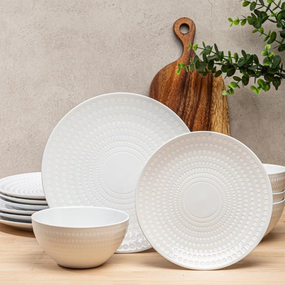 Ceramic Dinnerware Set Serive for 4 (12 Pieces), Stoneware Plates and Bowls for Dining  White Dishes Set With DOTDOT Design, Microwave Safe (12 PCS Dishes and Bow set, Bijou Collection)