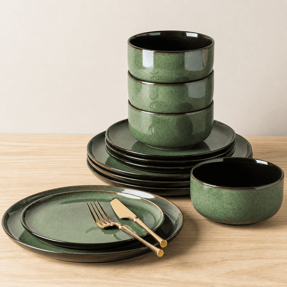 Ceramic Dinnerware Set, Service for 4, 12 Pieces, Modern Green