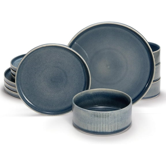 Vase and Vessel Ceramic Dinnerware Set, 12 Piece, Denim, Service for 4, Hearthstone Collection